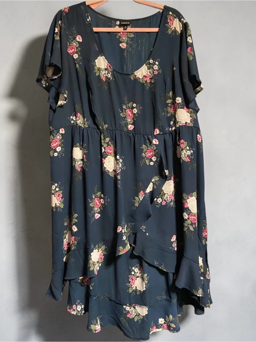 Torrid Navy Floral High Low Ruffle Hem Shirt Flutter Sleeve Dress | Size 3X